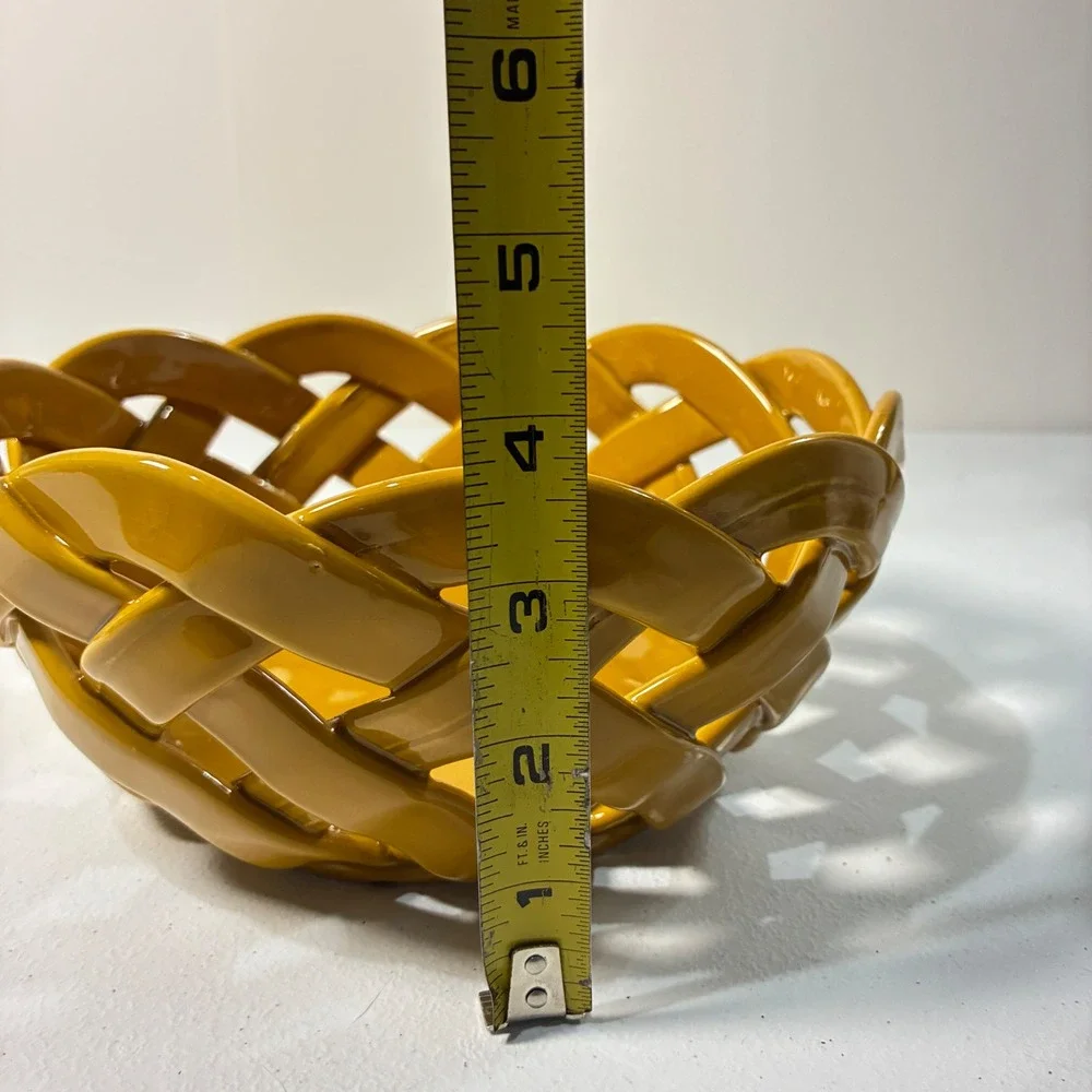 Primo'Gi Handmade Italy Woven Ceramic Bowl Mustard Yellow Lattice Fruit Basket